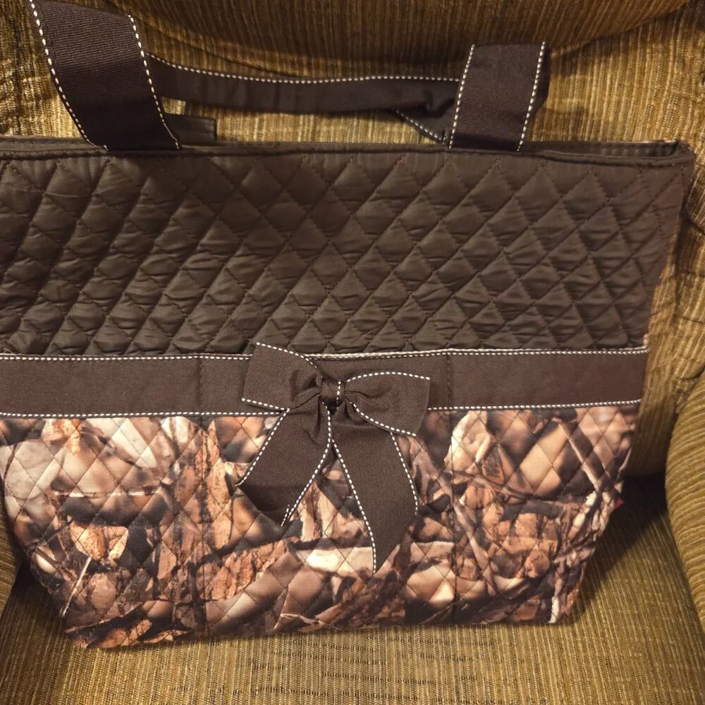 N Gil Camouflauge Brown Purse with Bown on Front and Cosmetic Bag - NWOT